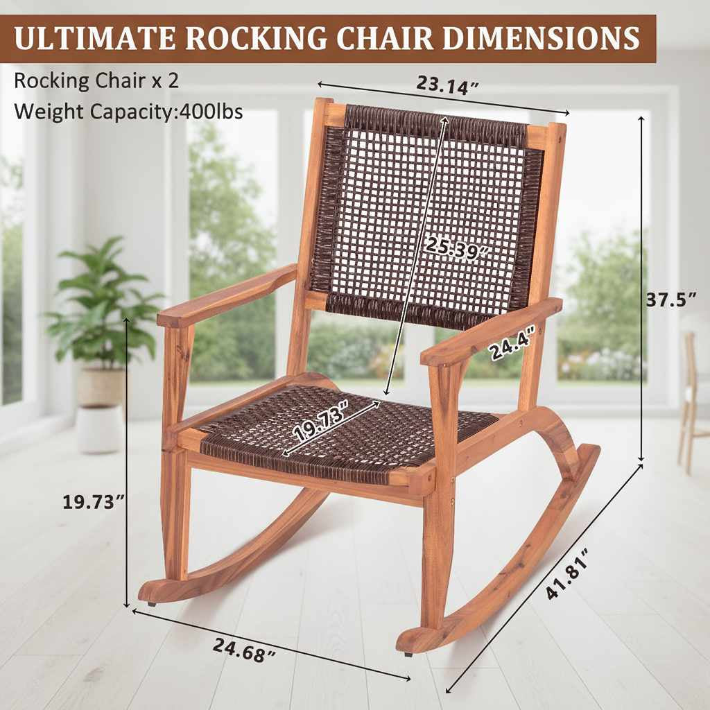 Pair of organic modern rocking chairs crafted from solid acacia wood; shown in a minimalist room with natural light and garden views.