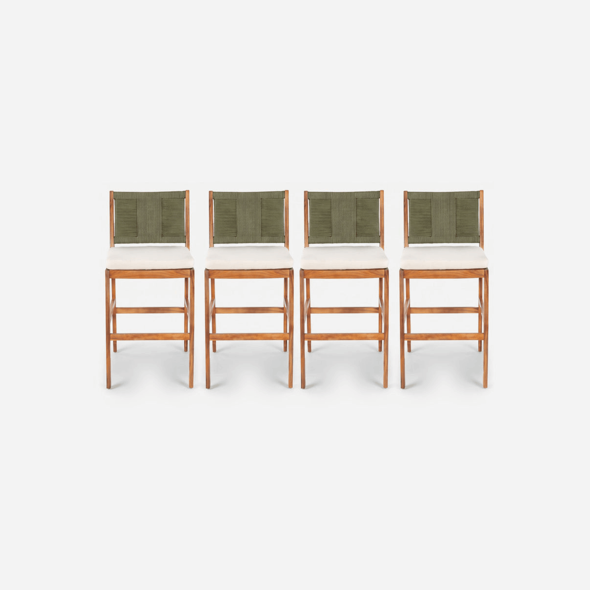 Outdoor bar stools set of 4 in acacia wood with green wicker backs and cream cushions, straight front view