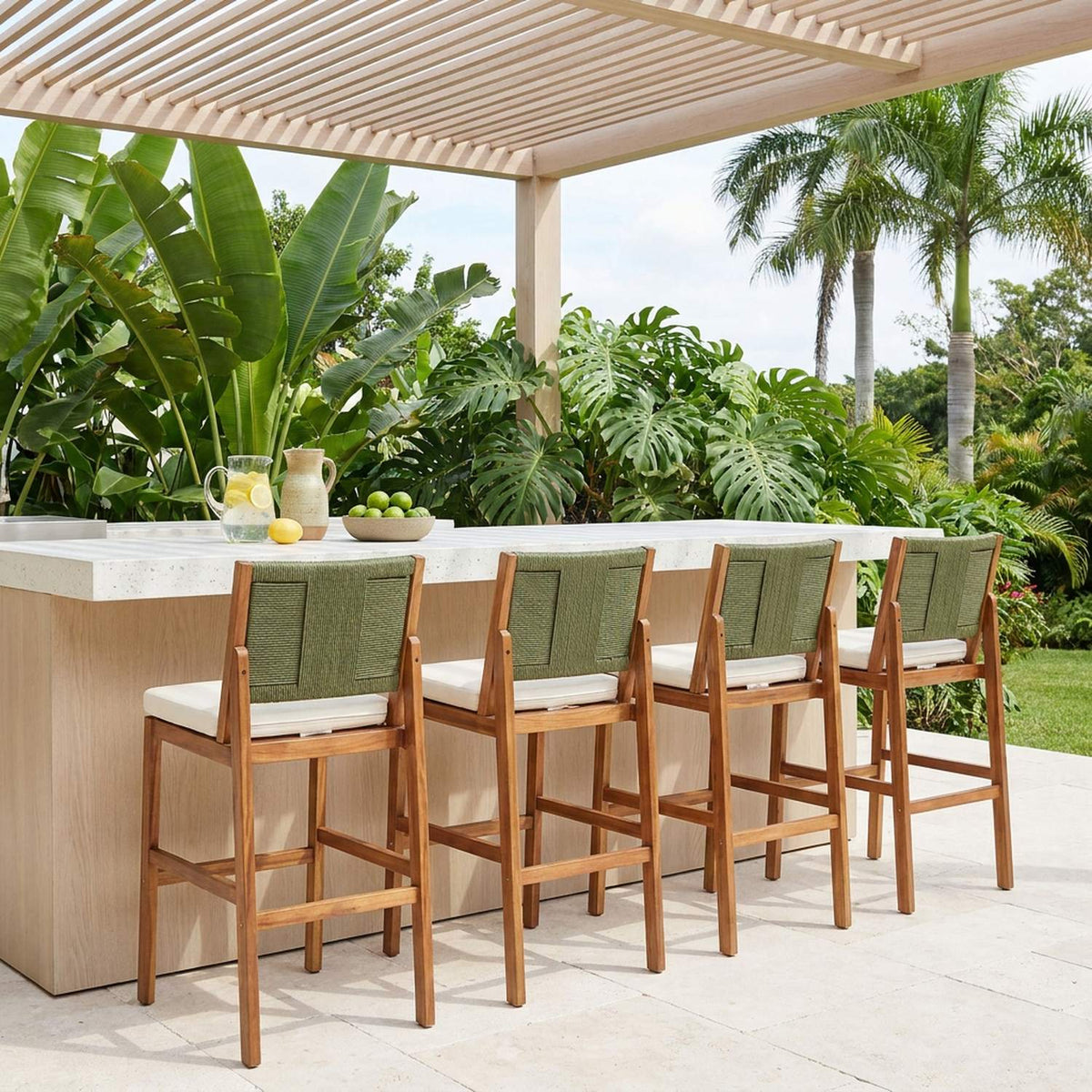 Four outdoor bar stools at a terrazzo island under a cedar pergola