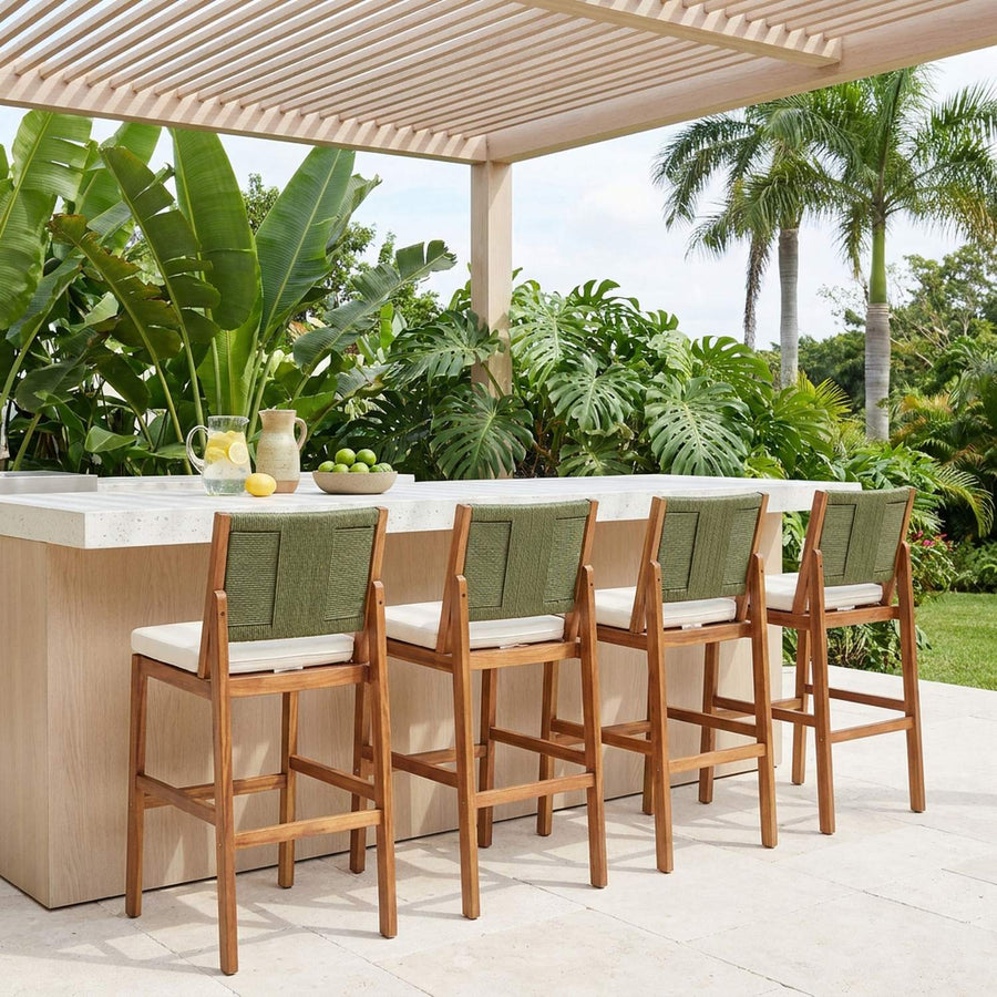 Outdoor Bar Stools Set of 4, Acacia Wood, Green Wicker Back