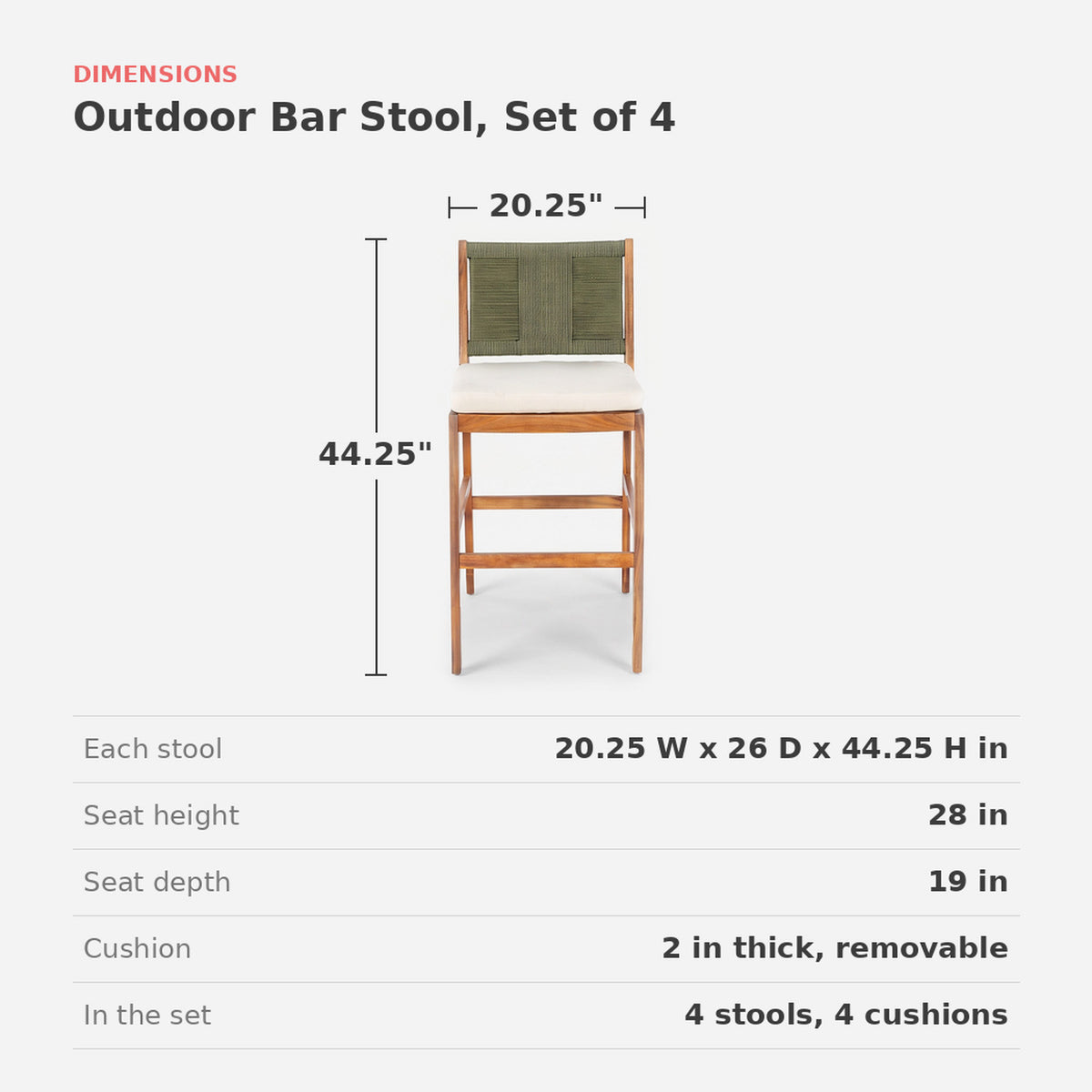 Dimensions card: 28 inch seat height, 44.25 inches to the top of the back
