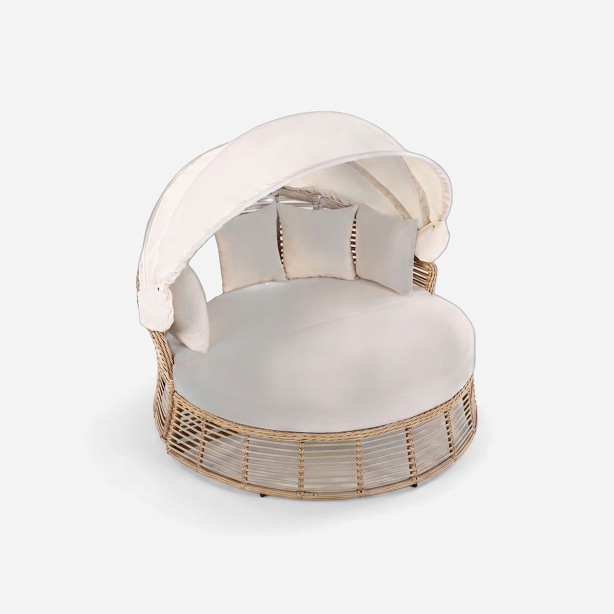 Outdoor daybed with canopy in PE wicker with cream cushions, three-quarter view