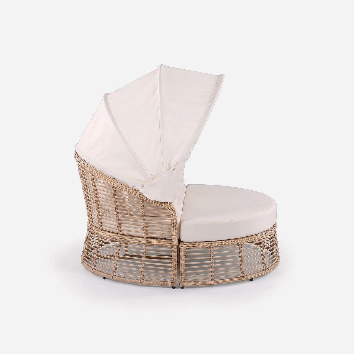 Wicker daybed with the canopy folded forward, turned view