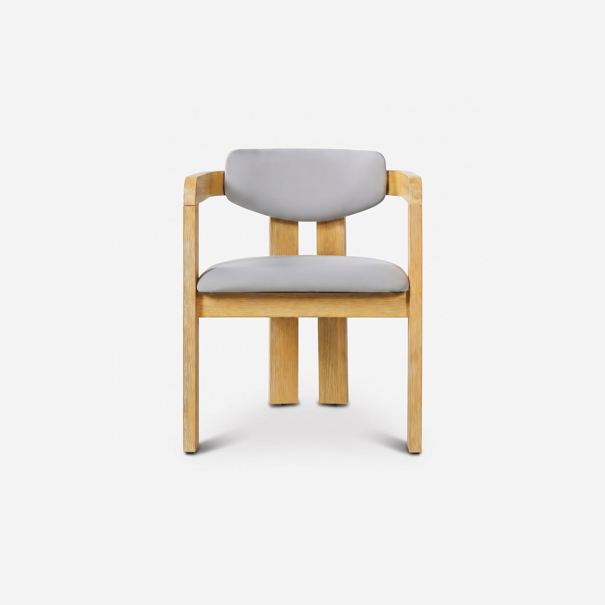 Outdoor dining chairs with arms, acacia barrel back armchair in straight front view on a light grey studio ground