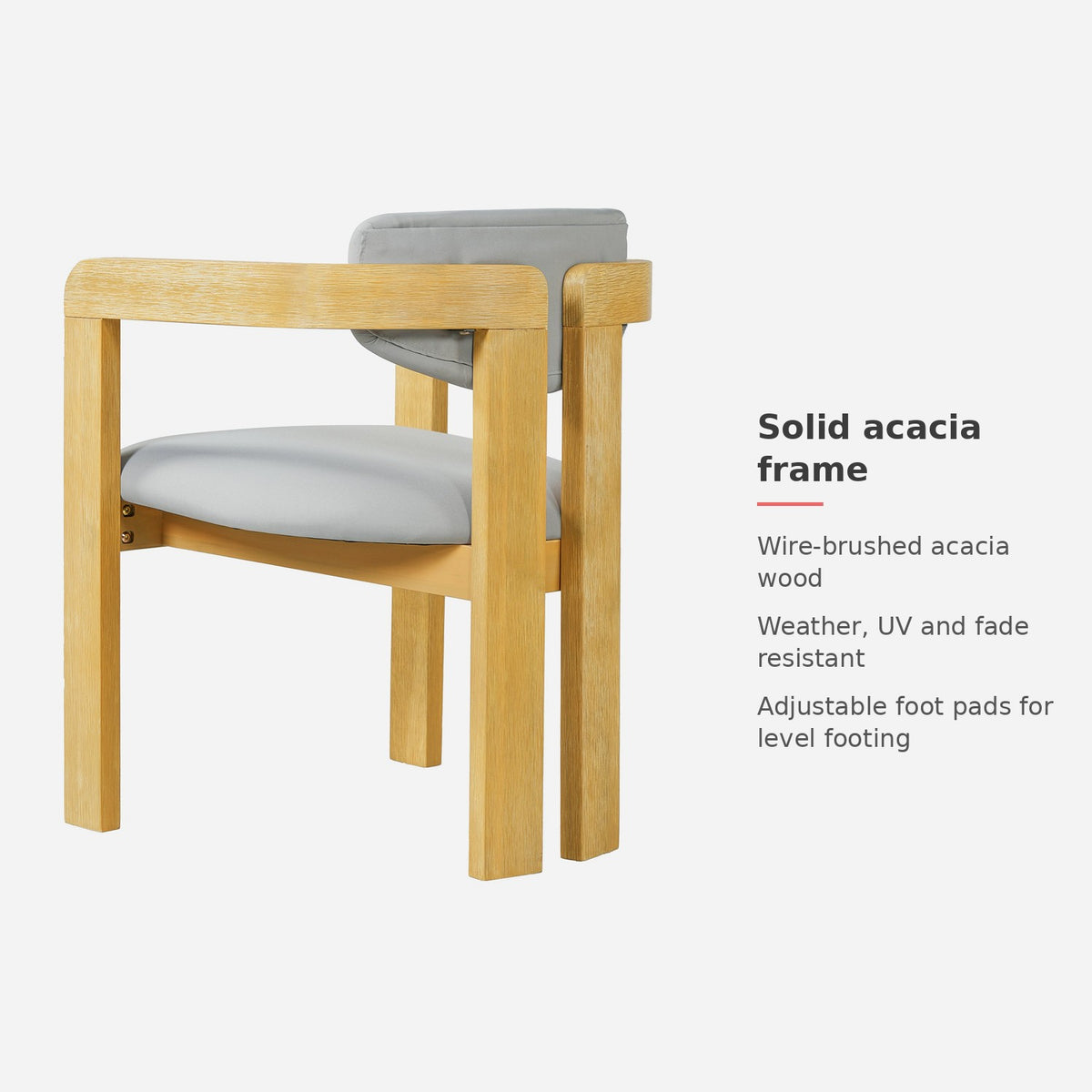 Acacia armchair frame from the side with wide flat arms and slab legs (feature callout)
