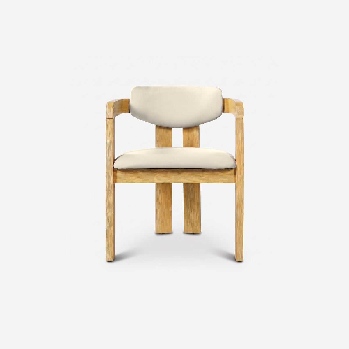 Acacia barrel back armchair with beige seat and back pads, straight front view
