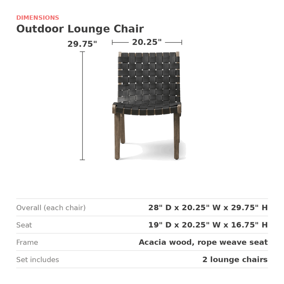 Dimensions of the outdoor lounge chair: 20.25 in. wide, 28 in. deep, 29.75 in. high (dimensions)