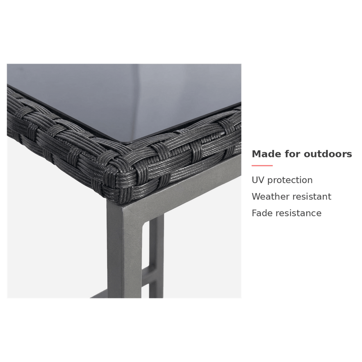 Glass table corner with the text Made for outdoors, UV protection, weather resistant, fade resistance (feature callout)