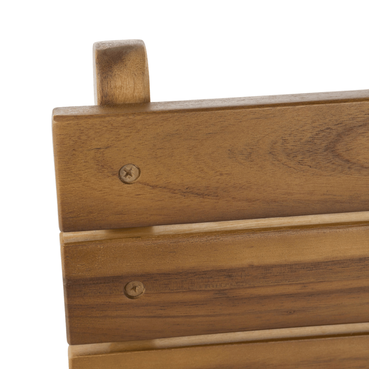 Close-up of the acacia back slats fixed with countersunk screws (close-up detail)
