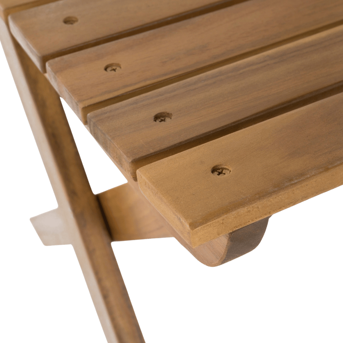 Close-up of the slatted seat edge resting on its curved acacia brace (close-up detail)