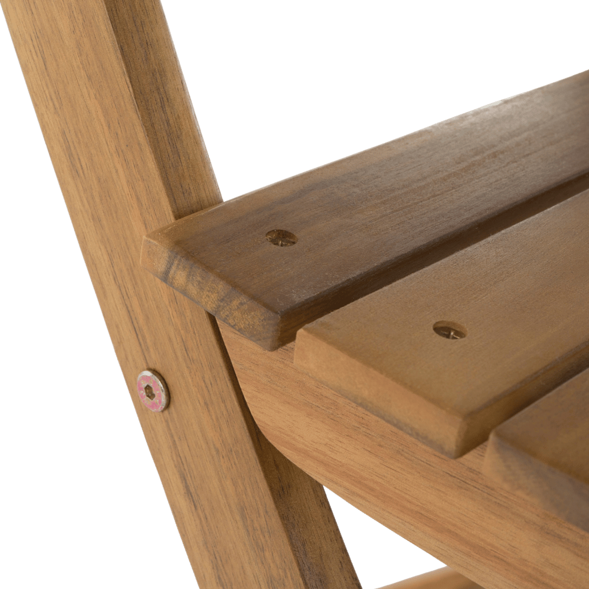 Close-up of the bolted pivot where the seat meets the folding leg (close-up detail)