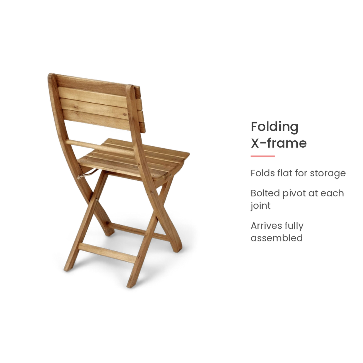 Spec card on the folding X-frame of the acacia chair (feature callout)