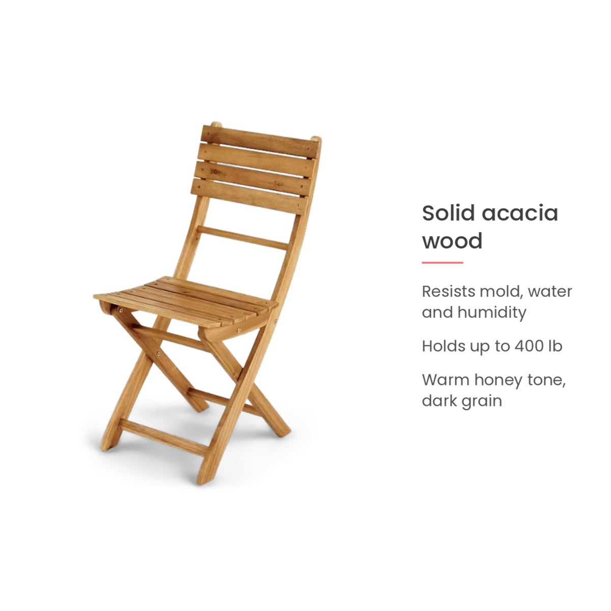 Spec card on the solid acacia wood and 400 lb capacity (feature callout)
