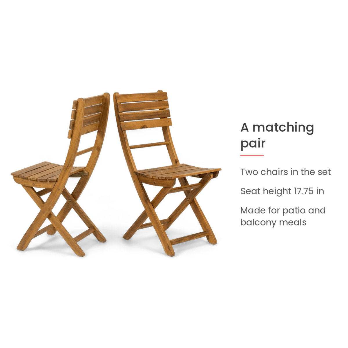 Spec card on the matching pair of acacia folding chairs (feature callout)