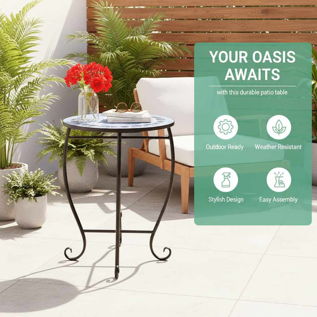 outdoor Blue mosaic round side table from Artisan Exclusive Collection with reinforced steel frame for indoor-outdoor patio use.