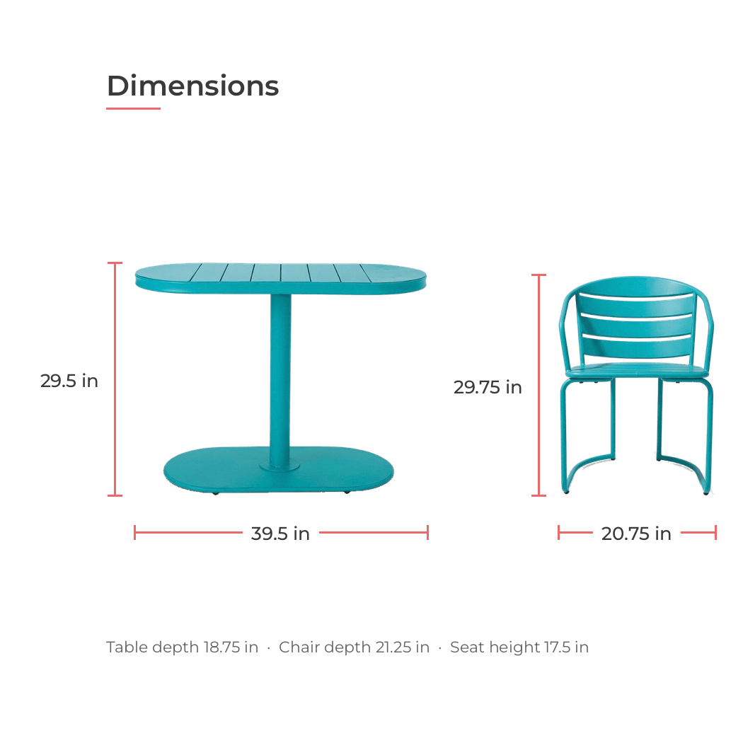 Bistro set dimensions - table 39.5 x 18.75 x 29.5, chair 20.75 x 21.25 x 29.75 inches (dimensions)