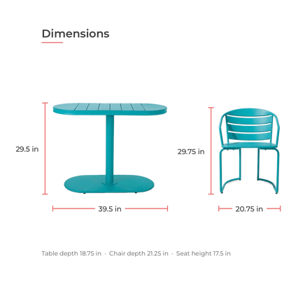 Bistro set dimensions - table 39.5 x 18.75 x 29.5, chair 20.75 x 21.25 x 29.75 inches (dimensions)