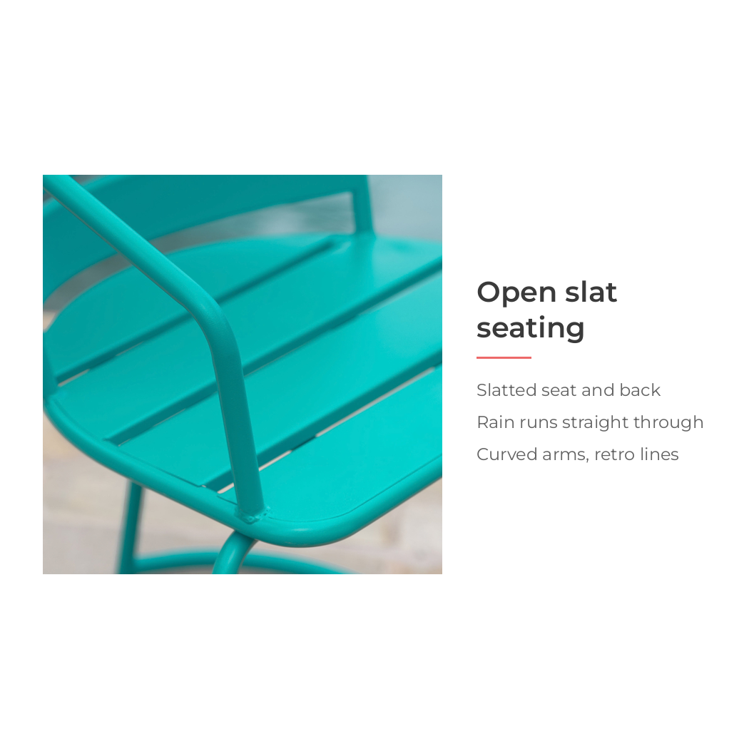 Open slat seat and back that let rain run through (feature callout)