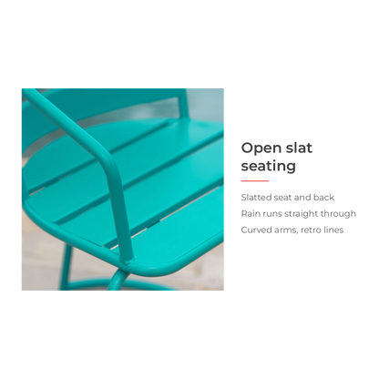 Open slat seat and back that let rain run through (feature callout)