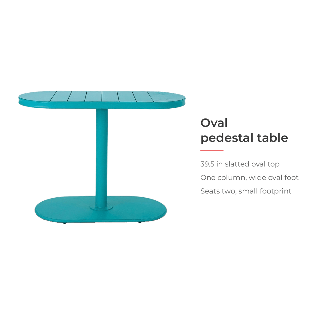 Oval pedestal table with a 39.5 inch slatted top (feature callout)