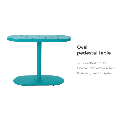 Oval pedestal table with a 39.5 inch slatted top (feature callout)