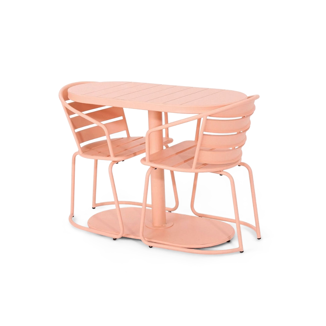 Pink iron table and two slatted armchairs seen from above at an angle (plain studio)