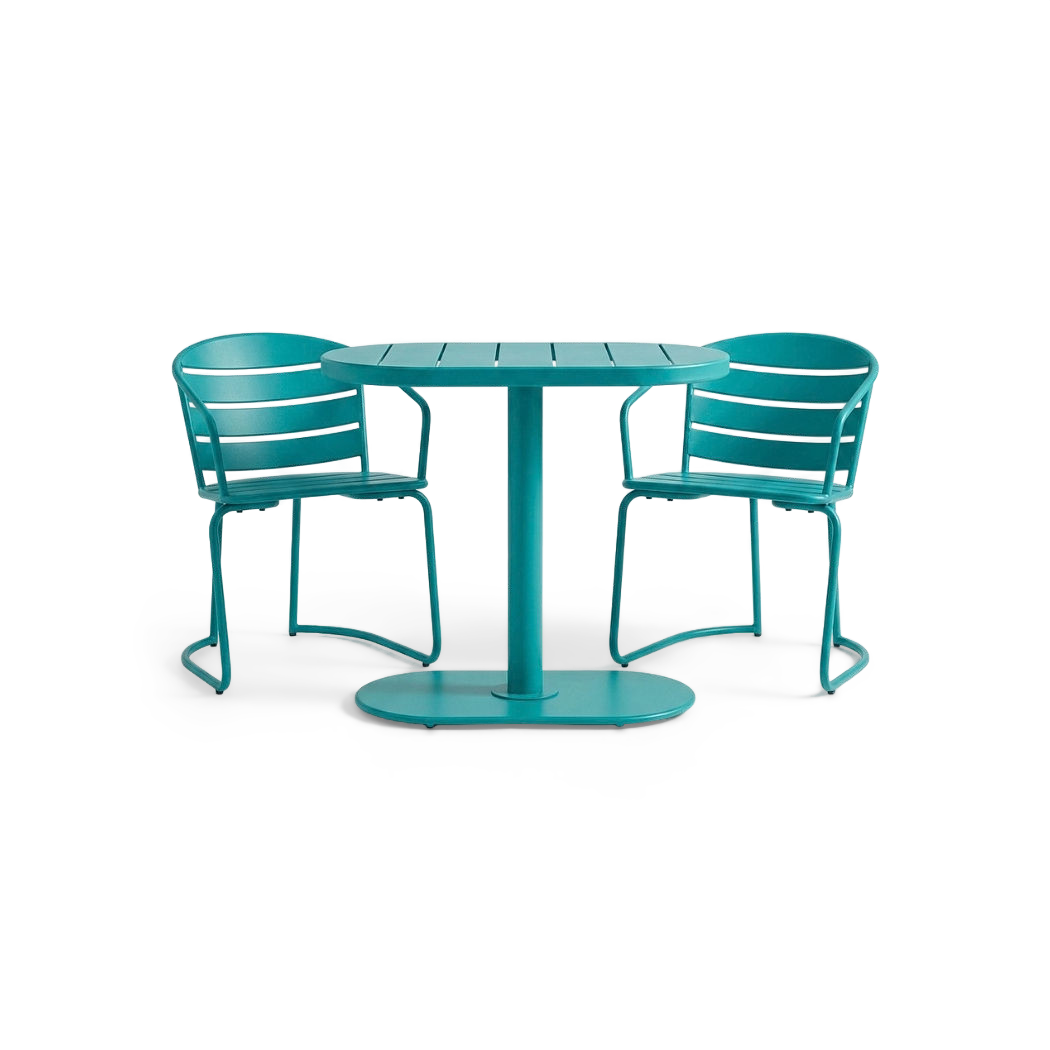 Oval iron bistro set in teal, front view on #f3f3f3 studio background (plain studio)