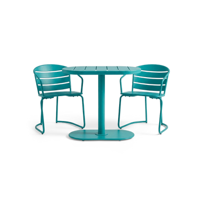 Oval iron bistro set in teal, front view on #f3f3f3 studio background (plain studio)