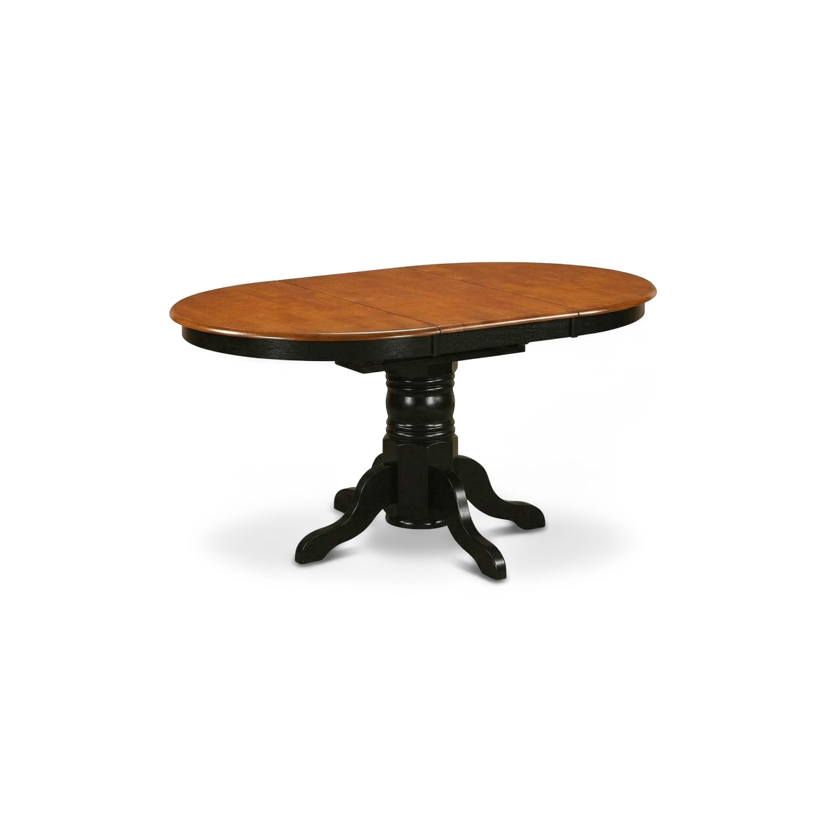 Extending oval kitchen table with cherry top and black pedestal, three-quarter view (plain studio)