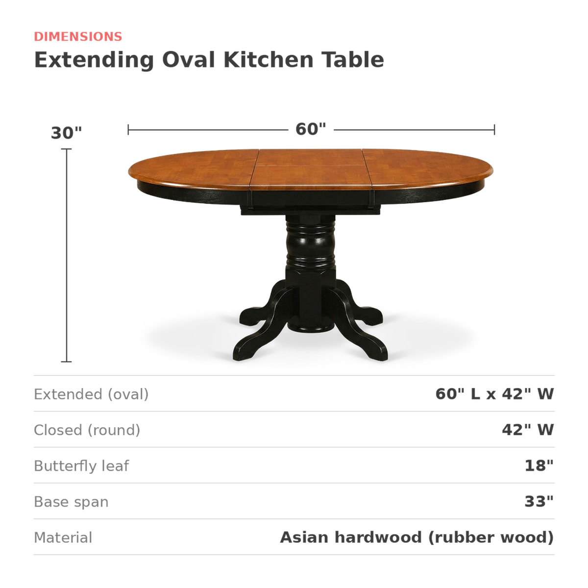 Extending oval kitchen table dimensions, 60 by 42 inches extended and 42 inch round closed (dimensions)