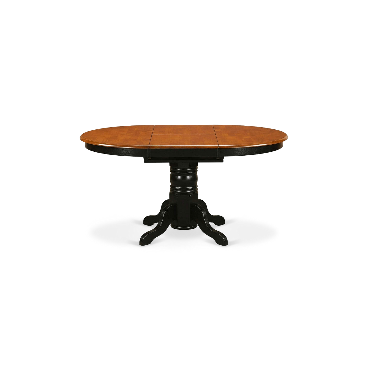 Extending oval kitchen table with cherry stained top and black pedestal base (plain studio)