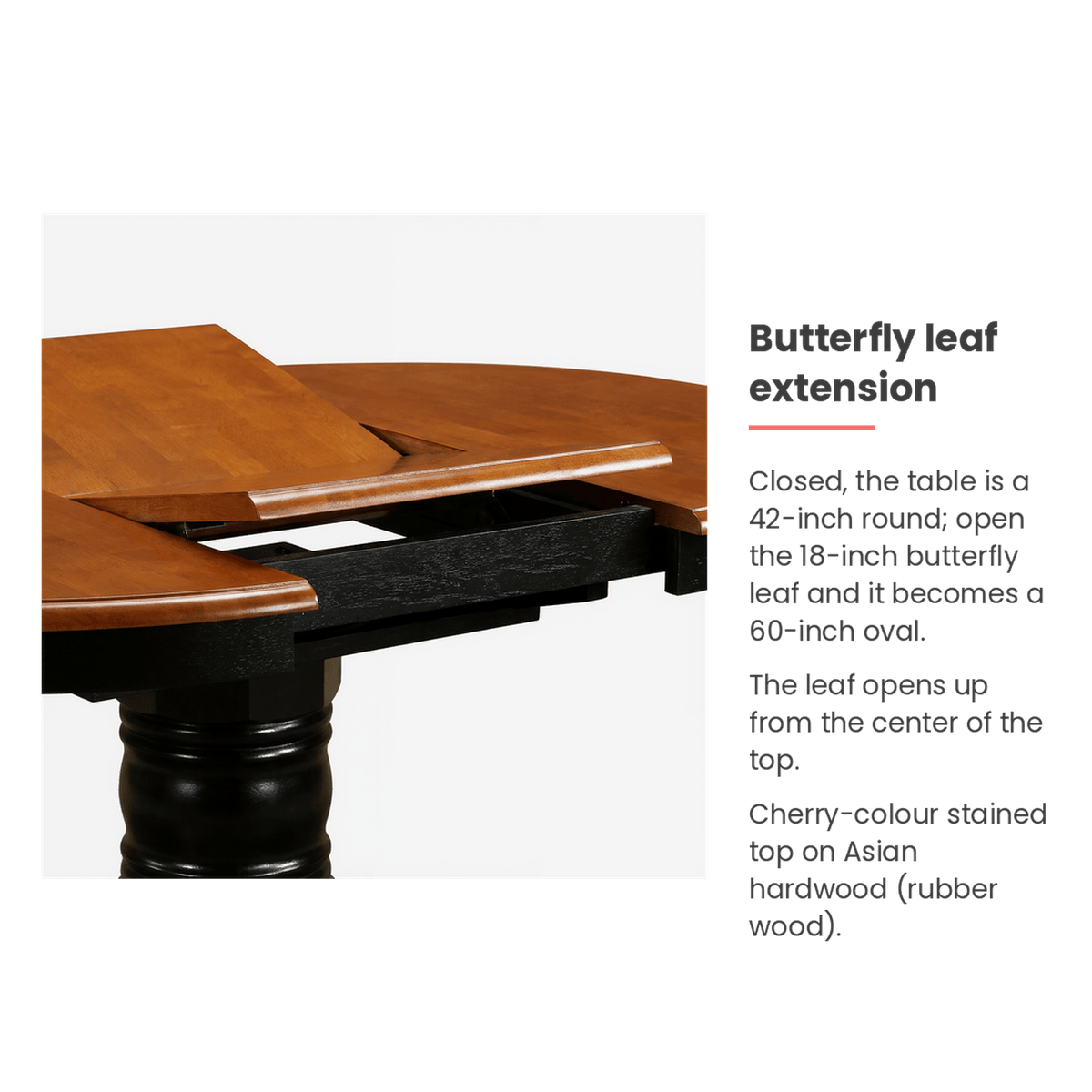 Kitchen table butterfly leaf extension specifications (feature callout)