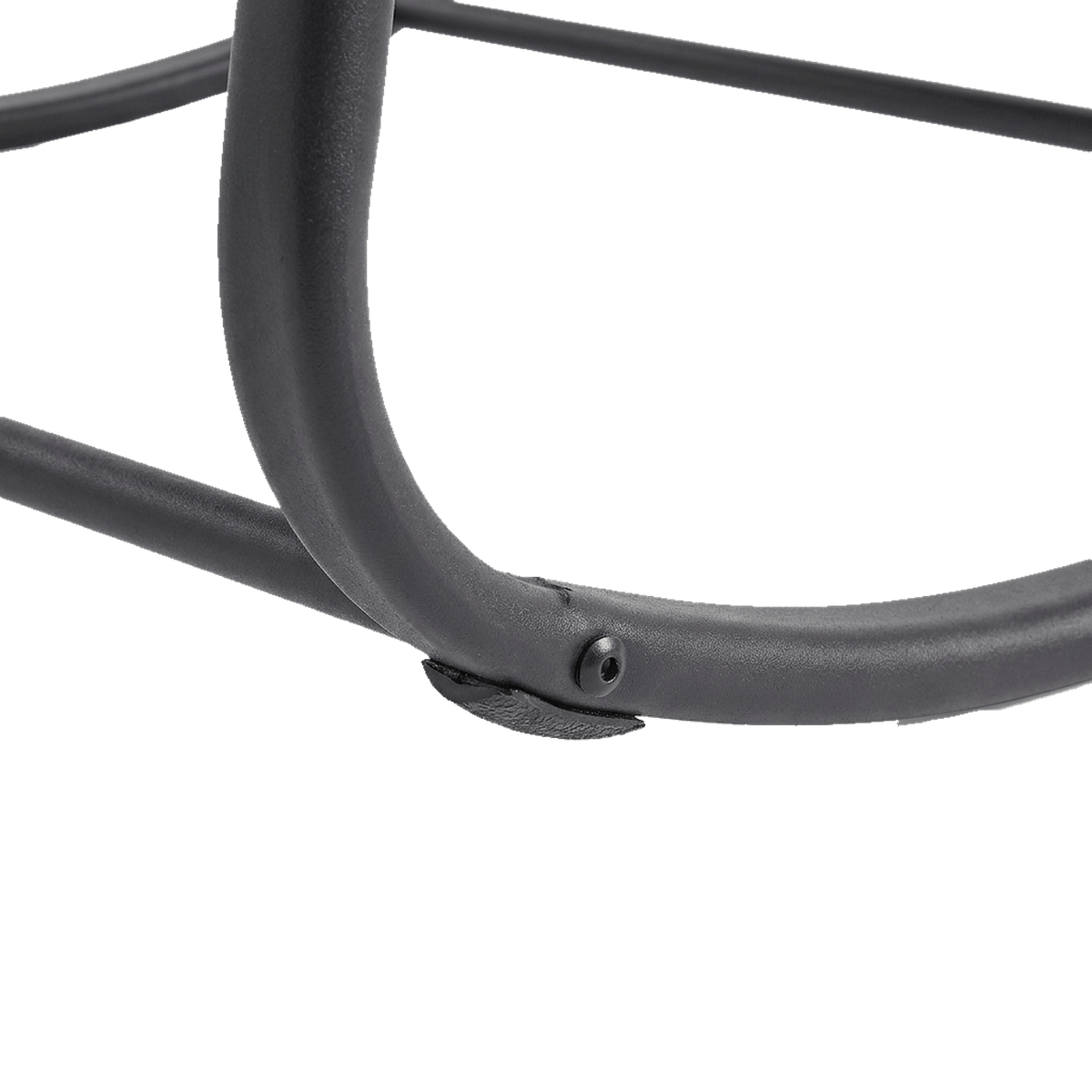 Dark steel rocker runner, foot pad and bolted joint on the papasan frame (close-up detail)