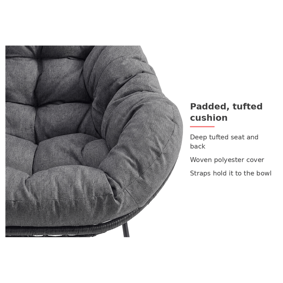 Padded, tufted cushion with a woven polyester cover on the papasan rocking chair (feature callout)