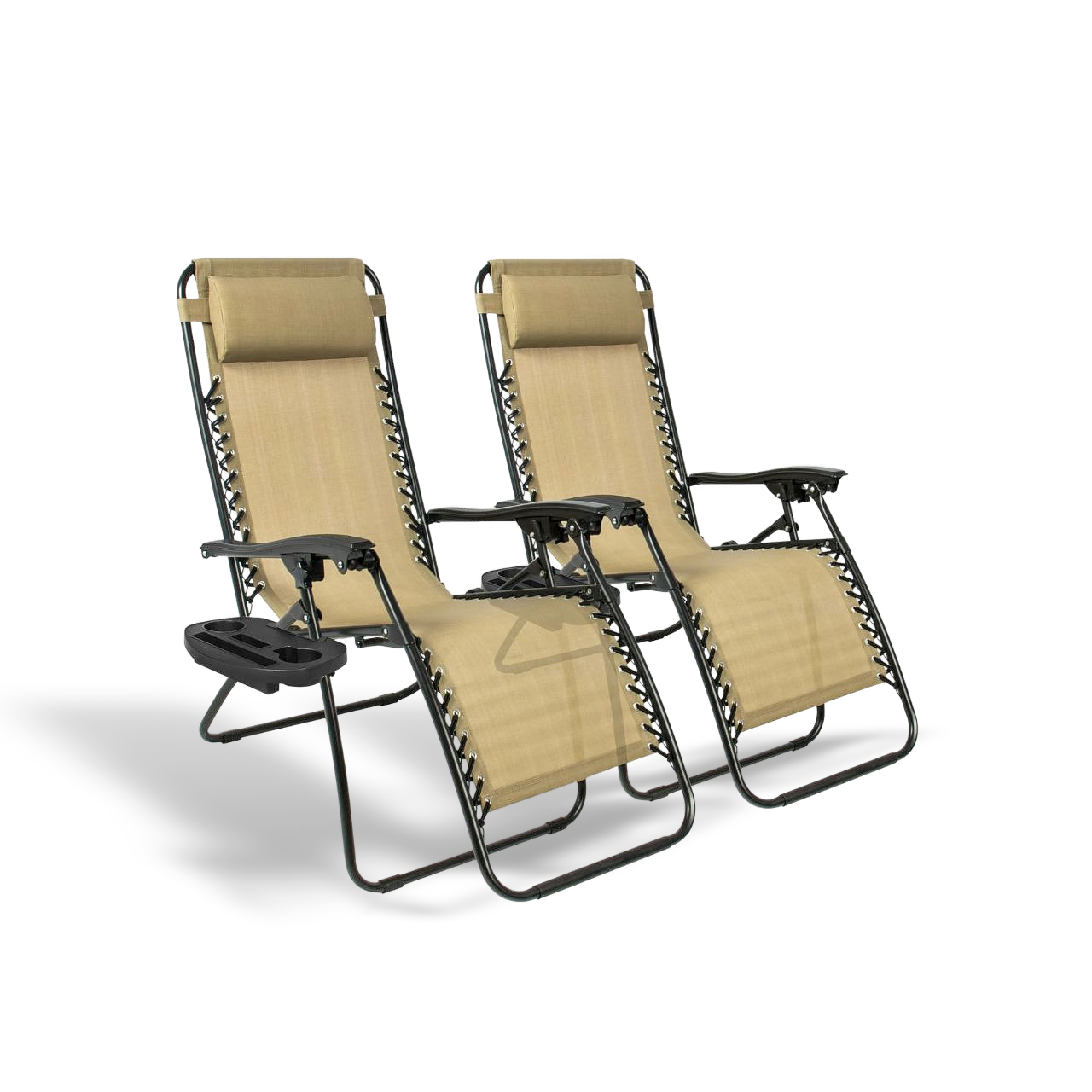 Pair of beige zero gravity lounge chairs with dual side trays and cup holders, offering neck and back relief.