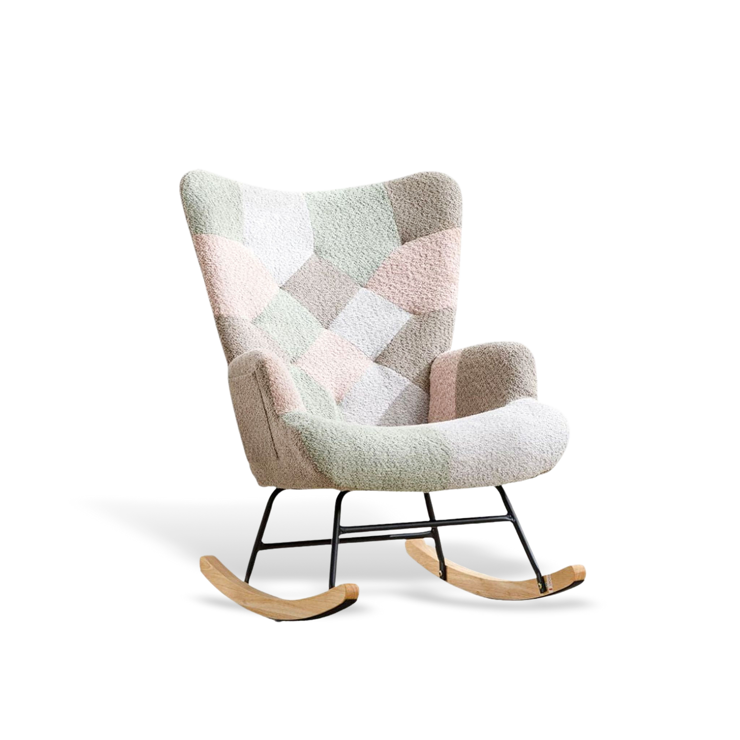 Cozy outdoor swivel chair featuring a pastel macaron patchwork quilted upholstery and a smooth wooden rocking base for porch relaxation.