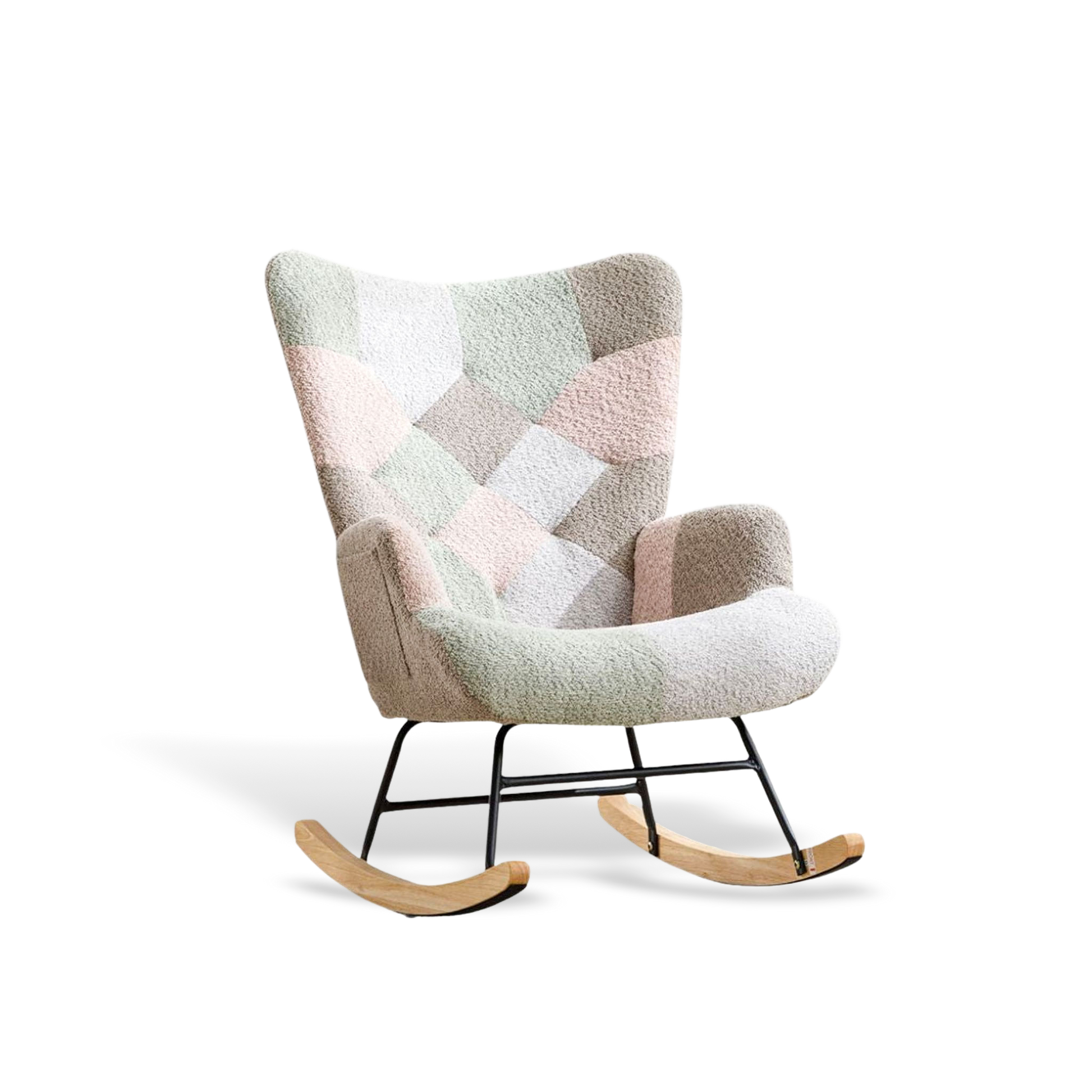 Cozy outdoor swivel chair featuring a pastel macaron patchwork quilted upholstery and a smooth wooden rocking base for porch relaxation.