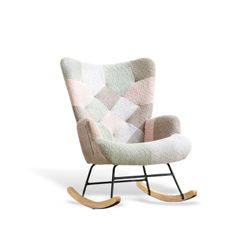 Macaron Patchwork swivel rocker outdoor chair with pastel quilted upholstery and wooden rockers.
