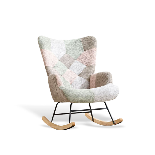 Cozy outdoor swivel chair featuring a pastel macaron patchwork quilted upholstery and a smooth wooden rocking base for porch relaxation.