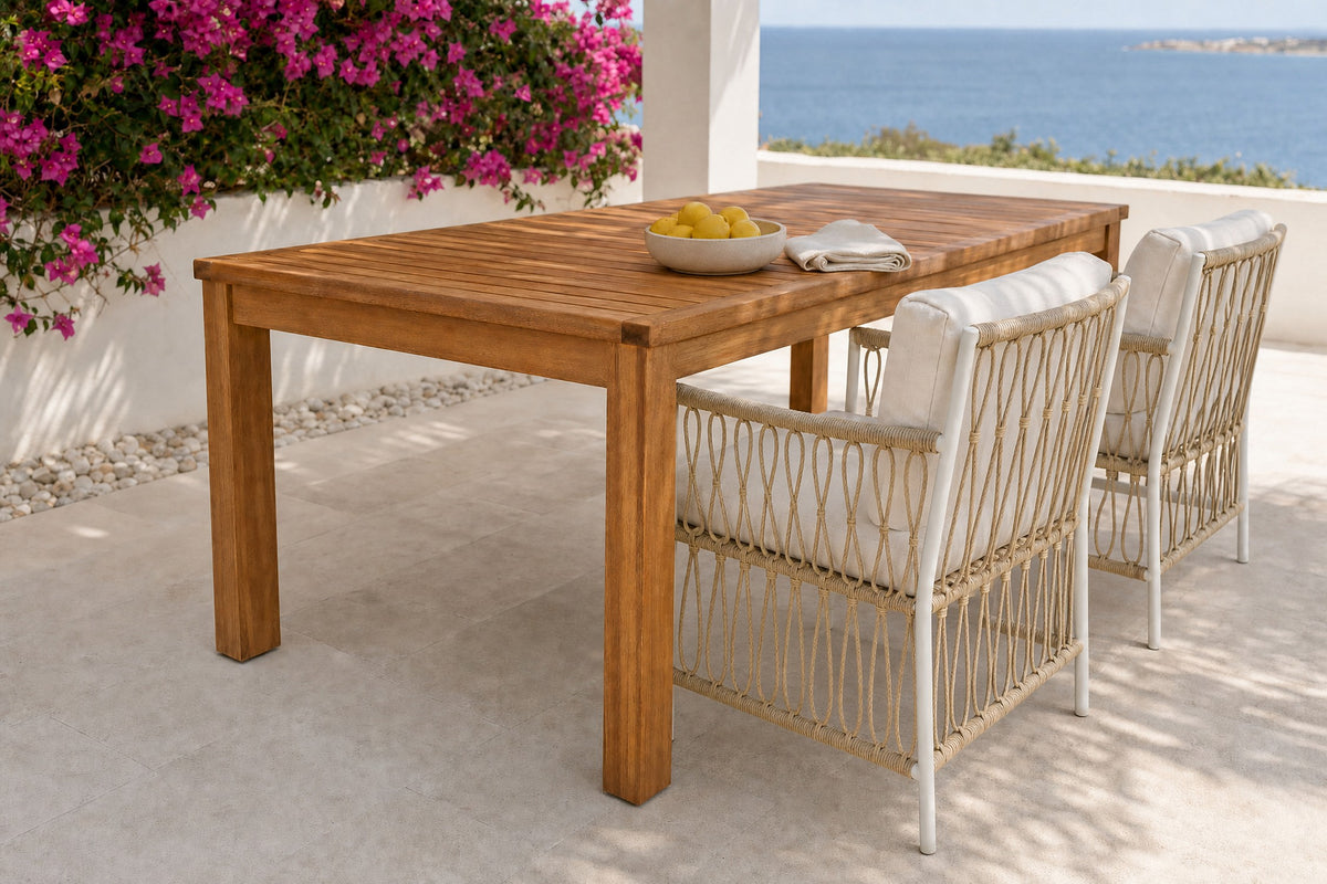 Closer view of the acacia outdoor dining table with only two of its four rattan armchairs on a sea view terrace (close-up detail)
