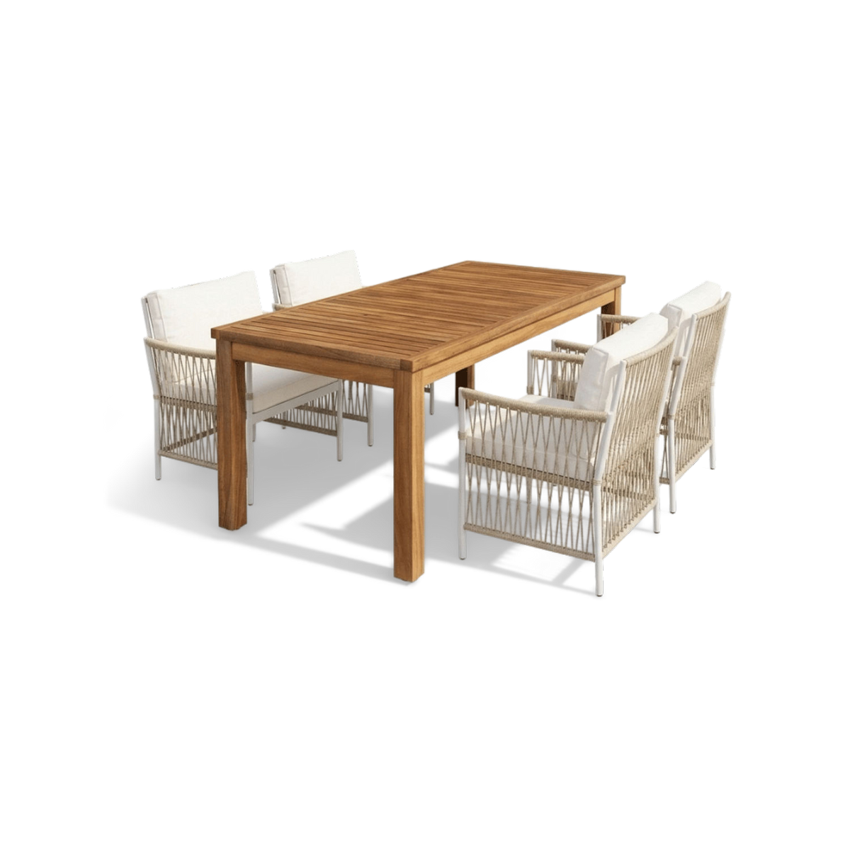5 piece outdoor dining set with an acacia table and four rattan armchairs, front view (plain studio)