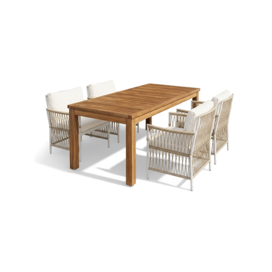 5 piece outdoor dining set with an acacia table and four rattan armchairs, front view (plain studio)