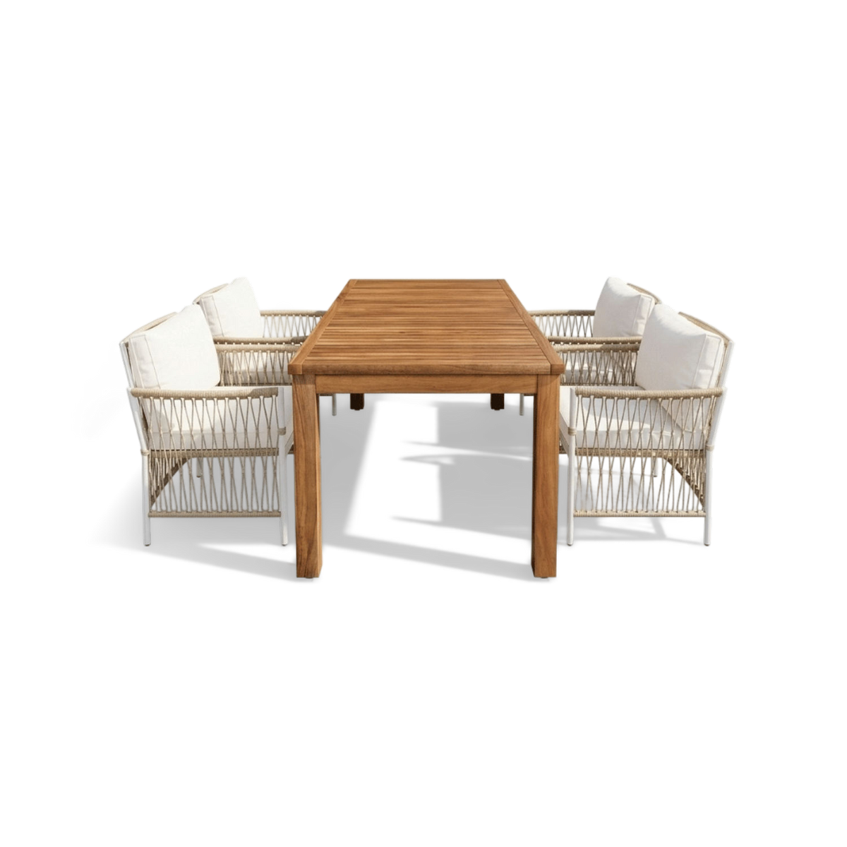 Acacia outdoor dining table and four woven rattan armchairs seen at an angle (plain studio)