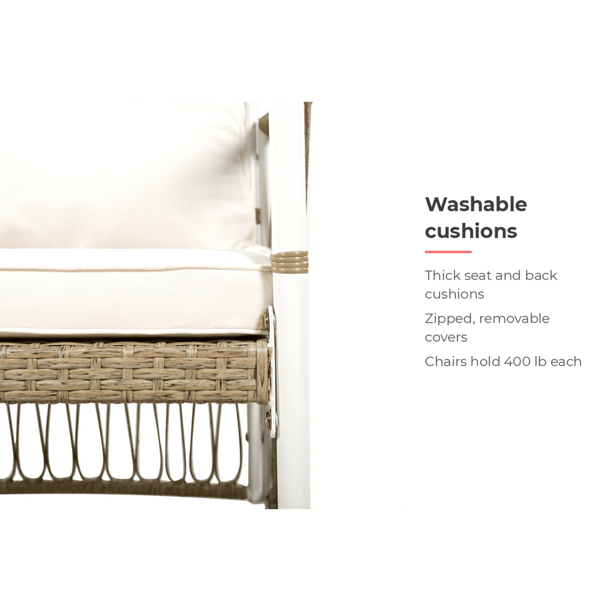 Washable zipped cushions on the rattan armchairs (feature callout)