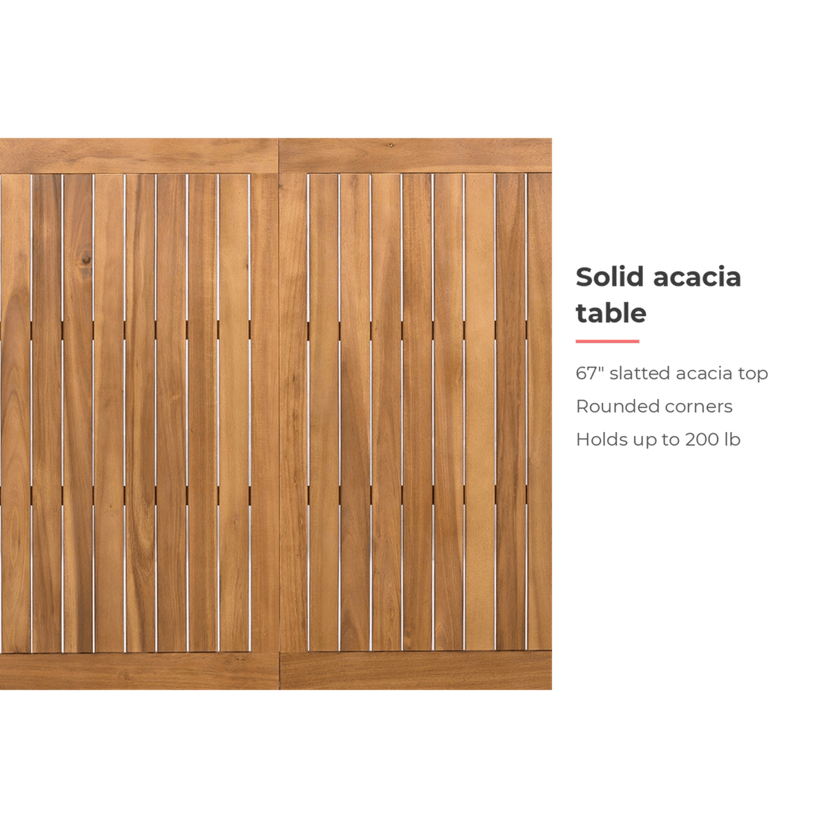 Solid acacia 67 inch outdoor dining table top (feature callout)