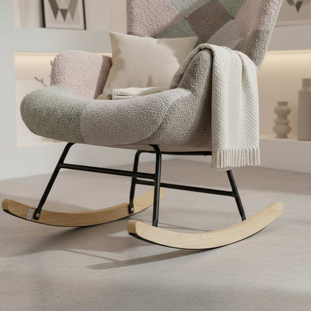 Artisanal patchwork swivel rocker with multi-colored pastel quilted fabric and high-quality wooden rockers for a whimsical garden lounge.
