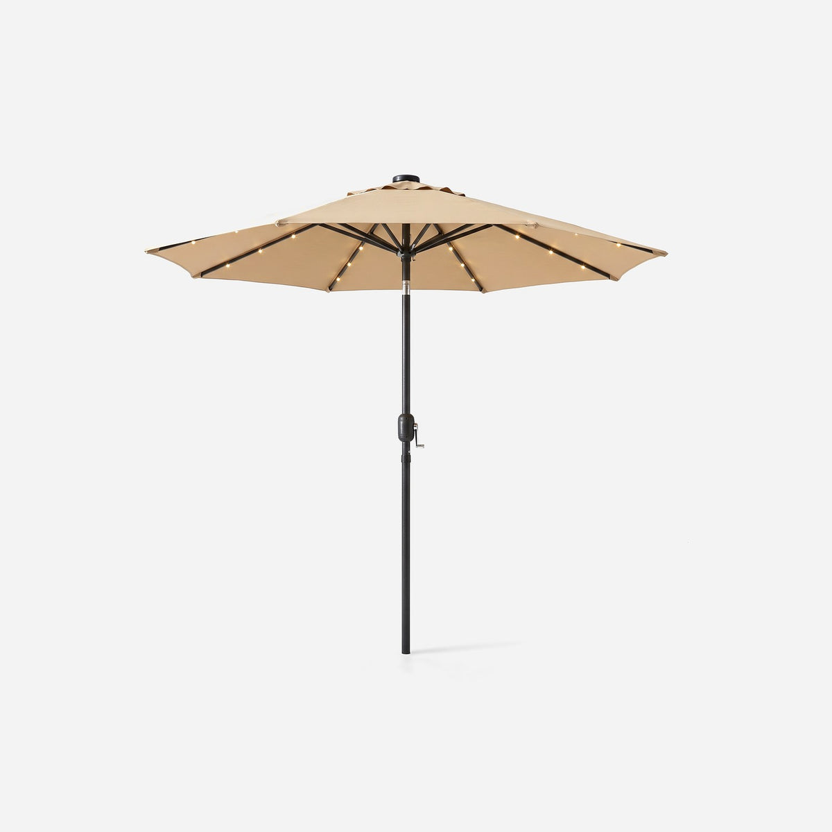 Patio umbrella with lights, 9 ft open canopy in a straight front view on a #f3f3f3 ground (plain studio)