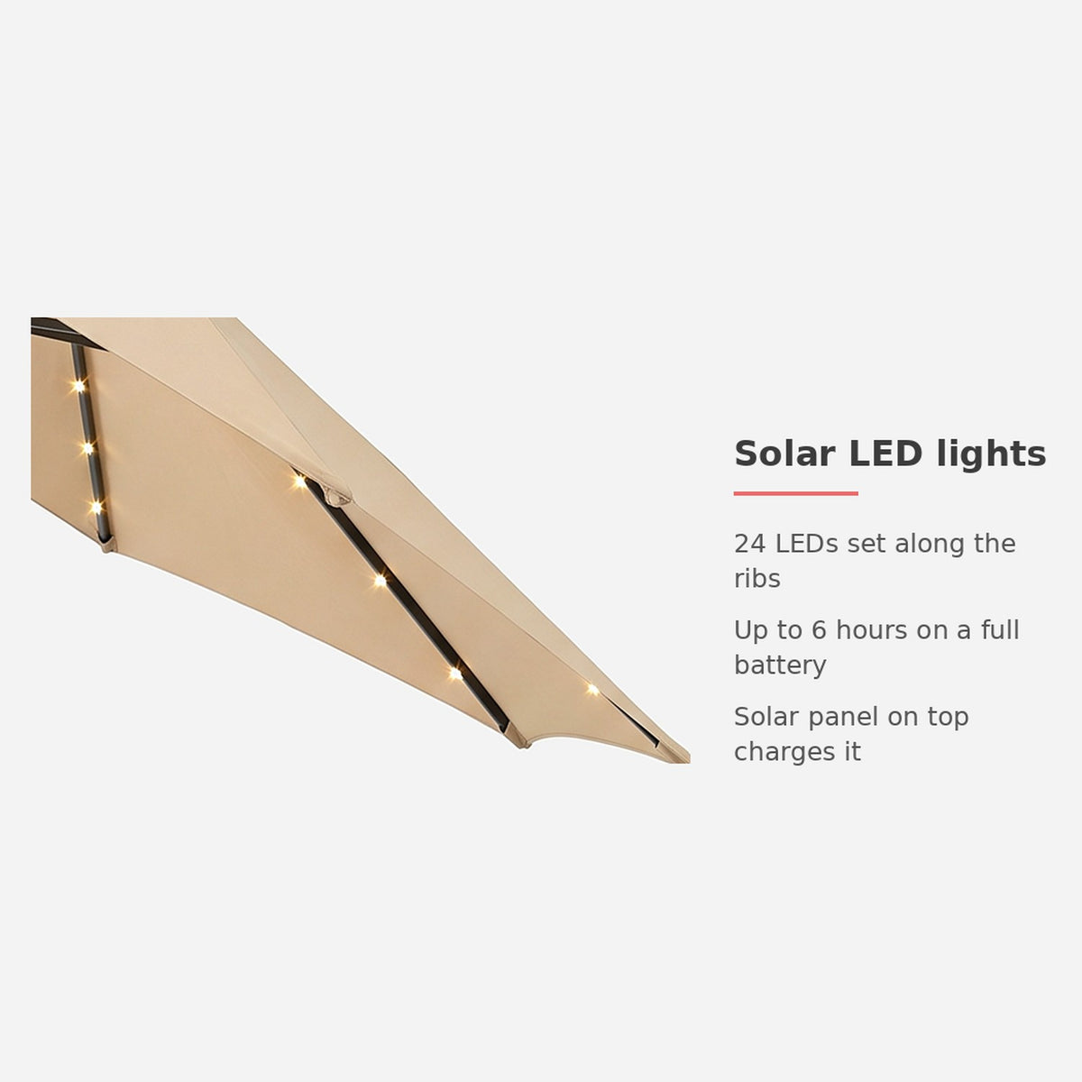 Spec card: 24 solar LEDs along the ribs, up to 6 hours on a full battery (feature callout)