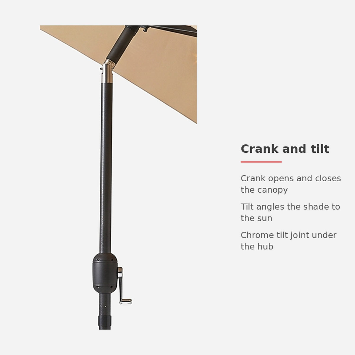 Spec card: crank lift and tilt joint on the umbrella pole (feature callout)