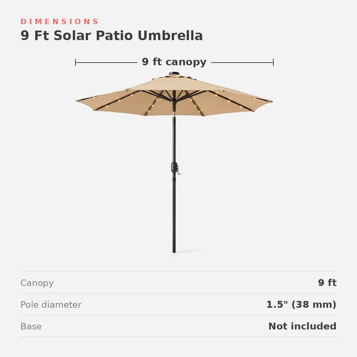 Dimensions card: 9 ft canopy, 1.5 in. aluminum pole, base not included (dimensions)
